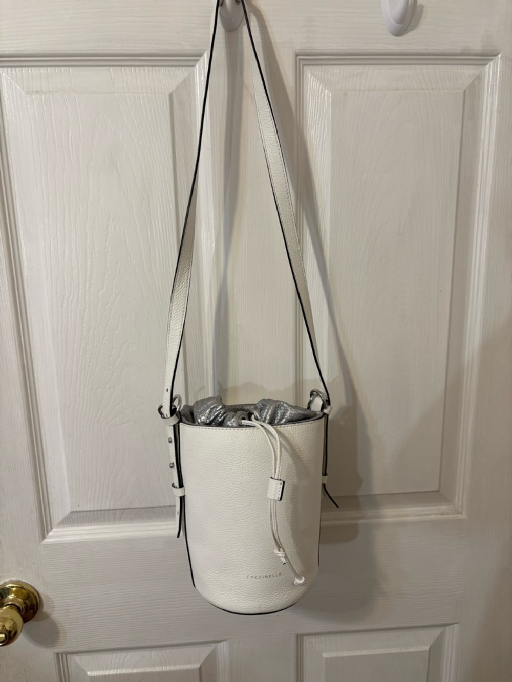 Coccinelle White Italian Leather Bucket Crossbody Bag with Drawstring